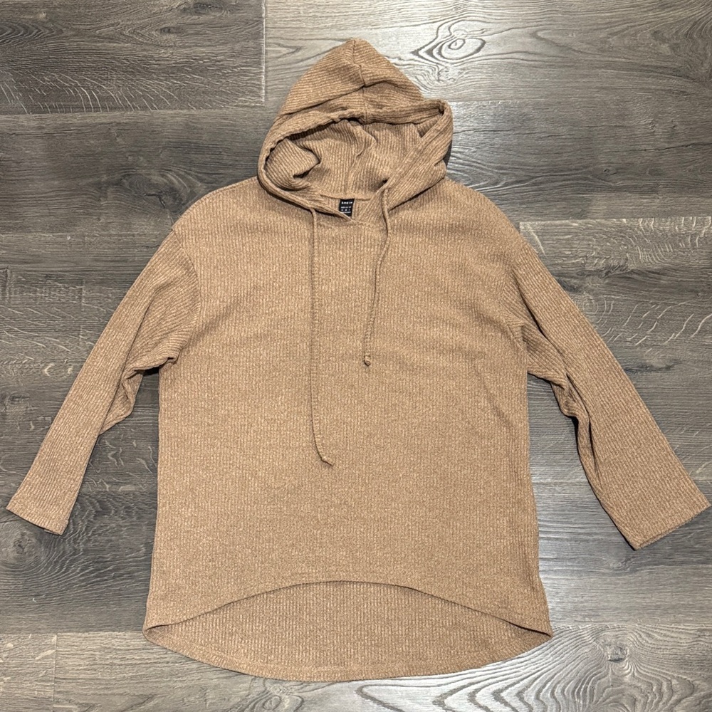 SHEIN Ribbed Knit Hoodie in Beige